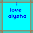 Two identical pixelated blue squares with red and gray borders display the text "i love alysha" in dark blue pixels.