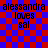 four identical pixelated text on a red and blue checkered background, each displaying 'alessandra loves sal' in black lettering