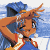 Pixelated anime-style character with orange skin and blue hair in a swimming pose next to green text reading "Original Icons .com" on dark background.