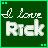 A 2x2 contact sheet of three animated frames showing a green background with white text and small square icons, where the central frame displays large pixelated 'Rick' text while other frames show only 'I love' text.