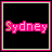 Six pixelated frames display "Sydney" text with green highlight shifts across letters on black backgrounds bordered by pink and light green.