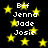 Black background with yellow stars and white text listing names Bff, Jenna, Jade, Josie in two vertical