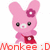 Pink bunny with dark eyes and a white nose, wearing red bag, holding hands together in front of chest.