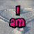 Pixelated pink text and heart symbol on a light blue cloud-patterned background with black outlines.