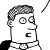 Pixelated grayscale cartoon character with short hair, round glasses, and a neutral expression, wearing a dark shirt and light collar.