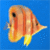 Pixelated fish with orange and yellow stripes swims against blue background, accompanied by yellow text reading 'keep on' and 'Swimmin'.