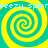 Four identical yellow and cyan spiral patterns arranged in a with repeating text above and below the spirals