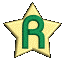 Animated sequence of a green 'R' letter inside a gold star, rotating through multiple angles against a gray background.