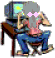 Pixelated figure in pink shirt and blue jeans sits at desk with CRT monitor, hands near head, pink bow on head, four identical frames in