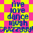 Pixelated text and shapes on a yellow and pink checkered background with blue text reading live love dance laugh CRAZZZYYY