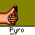 Pixelated hand holding a lit match with flame animation, labeled 'Pyro' below on gray background.