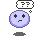 Pixelated purple circular character with pink cheeks and black eyes, displaying multiple facial expressions under white speech bubbles containing question marks.