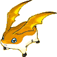Pixelated orange and white creature with blue eyes, yellow wings, black feet; six views show head turning left to right across gray background.