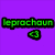 Pixelated green text 'leprochaun' on black background with green heart symbol below, all on solid purple backdrop.