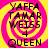 Four identical circular icons with pink and yellow spiral backgrounds display stacked text: YAFFA, TAMAR, WEISS, 4, QUEEN in black block letters.