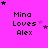 Pixelated text "Mina Loves Alex" on bright pink background with scattered purple and black stars, arranged in a with one gray corner overlay