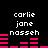 Pixelated text 'carlie jane nasseh' appears above pink audio equalizer bars on black background, with two identical static frames showing different bar patterns.