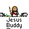Pixel art animation of a bearded figure with long hair holding a staff, standing between two sheep on grassy terrain with text below.