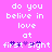 Pixelated text on a bright pink background with purple heart symbols replacing parts of the word 'first' in two identical side-by-side