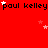 Red background with repeated black text 'paul kelley' and scattered white/pink stars, partially cropped on the right.