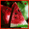 A watermelon slice icon with 'Juicy' text, featuring star symbols and color variations in border and text.