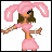 Pixel art of a character in pink bunny costume with large ears, dancing against white background with pink floral accents.