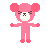 Pixelated pink bear with white muzzle and closed eyes, standing against gray background in two poses with arms extended and hands clenched.