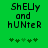 Green background with pixelated text 'ShEUy and hUNteR' above five clover icons, two versions showing different clover positions.