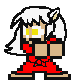 Pixel art character with white hair and ears in red outfit, holding brown boxes across four animated poses.