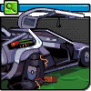 Pixel art of a DeLorean DMC-12 with open gull-wing doors, featuring visible engine components and wires on green grass under a dark background.