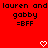 Red background with black pixelated text reading 'lauren and lauren and gabby =BFF' repeated twice, two white heart symbols at bottom center.