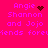A bright pink background displays four identical text blocks with 'Angie', 'Shannon', and 'Jojo' in purple pixelated font, each block featuring a different symbol above 'Angie'—a red heart, a black star, a black dot cluster, and a black dot cluster with a trailing line.