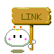 A 4-frame animated contact sheet showing a pixel-art character holding a wooden sign with the word "LINK" across four distinct poses and expressions.