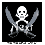 White skull and crossed swords on black background with 'Next' text, animated glow effects