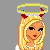 Pixel art contact sheet showing three frames of an animated angel-themed buddy icon with text overlays about horns and a halo.