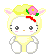 Pixel art of a white cat-like character with yellow hair, pink flower headband, and closed eyes in one view, open eyes in another.