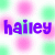 Pixelated purple text 'hailey' on a background of blurred pink and green circular shapes.