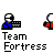Pixelated icon shows two figures with white heads, blue and red clothing, yellow sparkles, and red splatters on gray background; text below reads "Team Fortress".