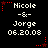 Pixelated text displays 'Nicole -&- Jorge 06.20.08' with red star and dotted line decorations on a black background.