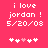 A pink background displays white pixelated text reading "i love jordan! 5/20/08" with five heart symbols below, where the third heart is light pink and the rest are white.