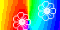 Animated sequence of pixelated flower icons with white centers and outlined petals against a rainbow gradient background shifting through color bands.