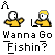 Pixelated image with two yellow-shirted figures, one holding a fishing rod, above text reading 'Wanna Go Fishin?' on gray background.