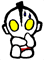 A cartoon character with large yellow eyes, black hair, and red shorts stands with one hand near its face, showing two distinct poses.