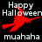 Red witch silhouette on black background with 'Happy Halloween' and 'muahaha' text, animated to shift position.