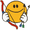 Animated contact sheet of a yellow smiley character holding a red bow with blue and green arrows, showing multiple frame variations in 5x5 grid layout.