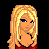 Pixel art of a blonde woman in red top and black pants with text overlays on dark background.