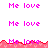 Pixelated pink text 'Me love' repeated across a white background with red wavy borders at top and bottom.