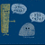 Pixelated character with yellow-green body and black eyes stands against blue background, three gray speech bubbles float nearby.