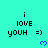 A turquoise background displays repeated text "i LOVE YOUH =)" with blue pixelated hearts below each phrase, showing animation changes in heart shapes across frames.