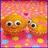 Two orange cartoon characters with large eyes and smiling mouths stand on a pink background with yellow and blue dots, one character's hand moves toward the other.